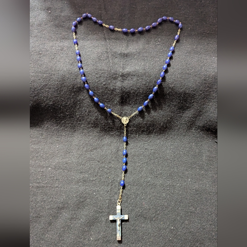 Silver Tone Blue Beaded Rosary Necklace